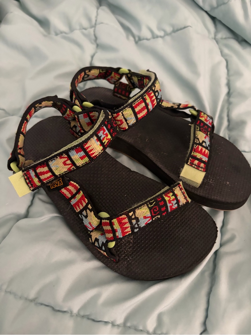 Teva Kids Black Sandals with Red and Cream Patterned Straps